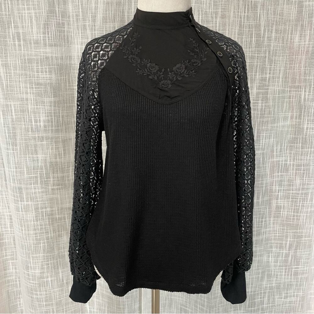 Free People Womens Long Sleeve Top XS Black Puff Sleeve Lace Dark Whimsigoth